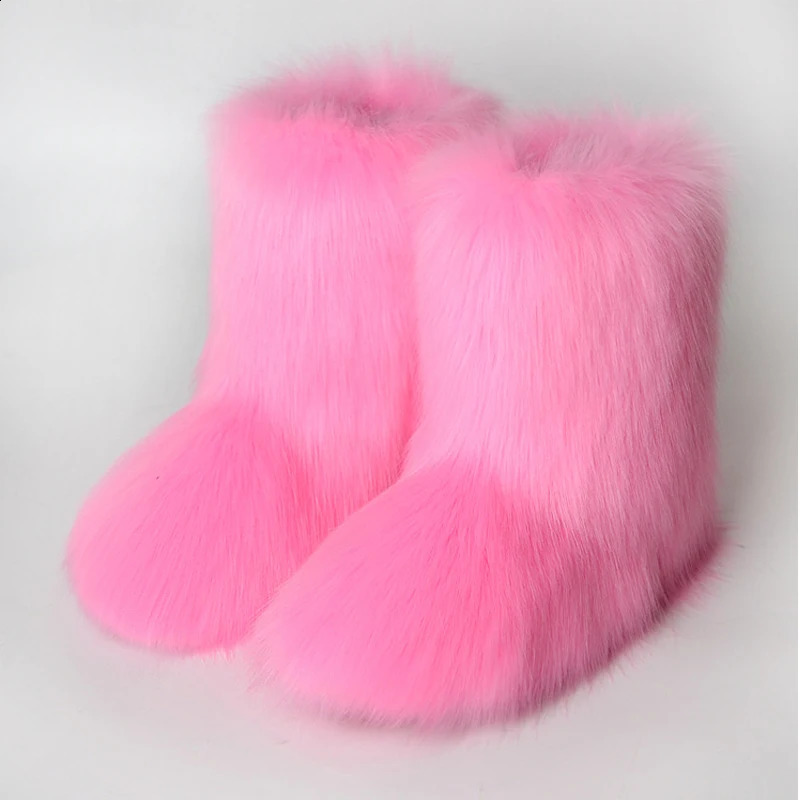 Fluffy Fur Boots Women Furry Snow Boot Warm Soft Plush Inside Fashion Woman Faux Fox Fur Boots Y2k Winter Anti Slip FuzzyShoes 240910