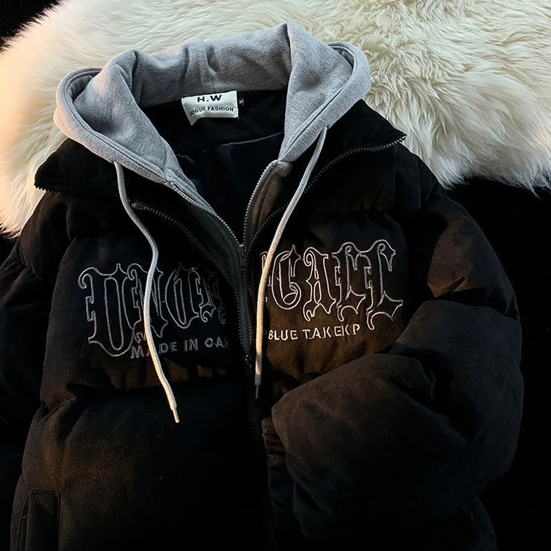 American niche Ins fake two piece hooded bread shirt Y2K street fashion loose retro couple jacket trendy mens clothing 240907