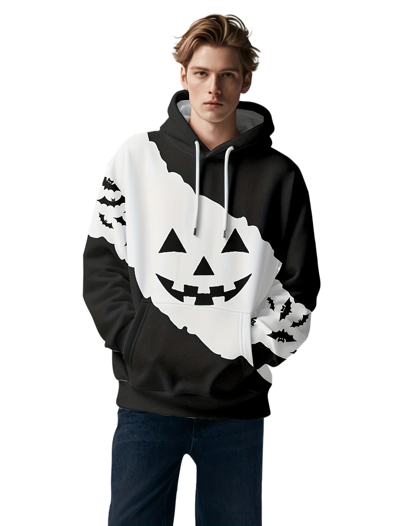 Halloween Pumpkin Bat Gradient Print Hoodie - Casual Polyester Pullover with Kangaroo Pocket, Perfect for Parties Gifts