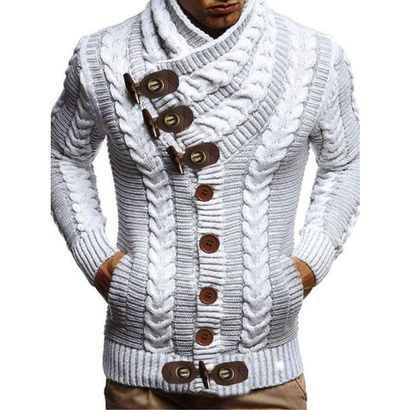 2025 New High Collar Horn Leather Button Knitted Fashion Cardigan Men's Sweater