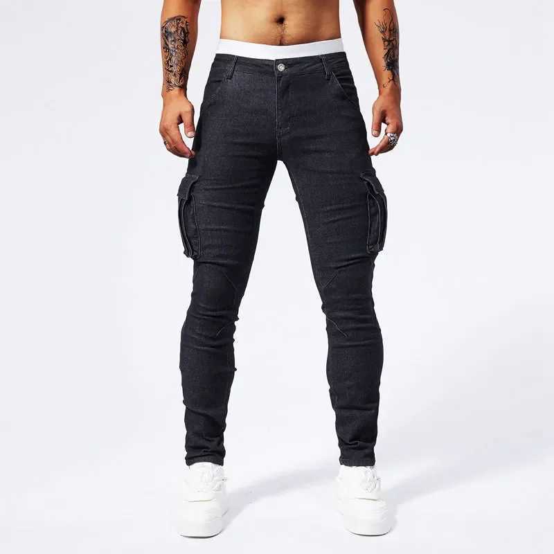 Slim Fit Large Pocket Jeans Cargo Pants for Men Fashionable Casual Hip Hop Stretch Denim Long Pants Male Streetwear Track Pants X250227