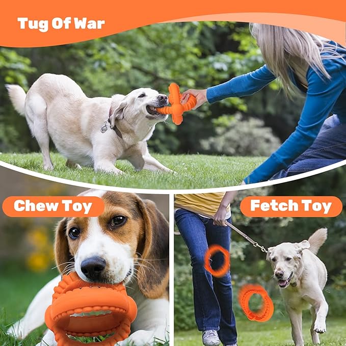 Interactive Dog Toys, Dog Chew Toys with 2 Rings for Large Breed, Detachable Dog Tug Toy with Nature Rubber for Teeth Cleaning and Fetch Training