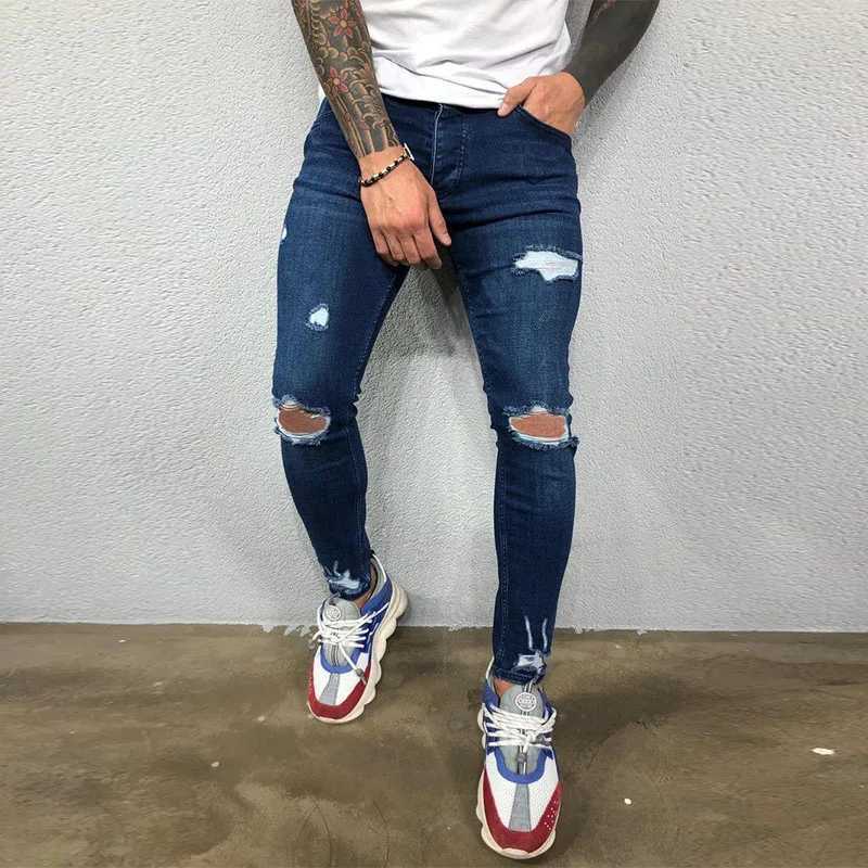 Mens Jeans Knee Hole Ripped Stretch Skinny Denim Pants Solid Color Black Blue Autumn Summer Hip-Hop Style Slim Fit Trousers S-4XL X250227