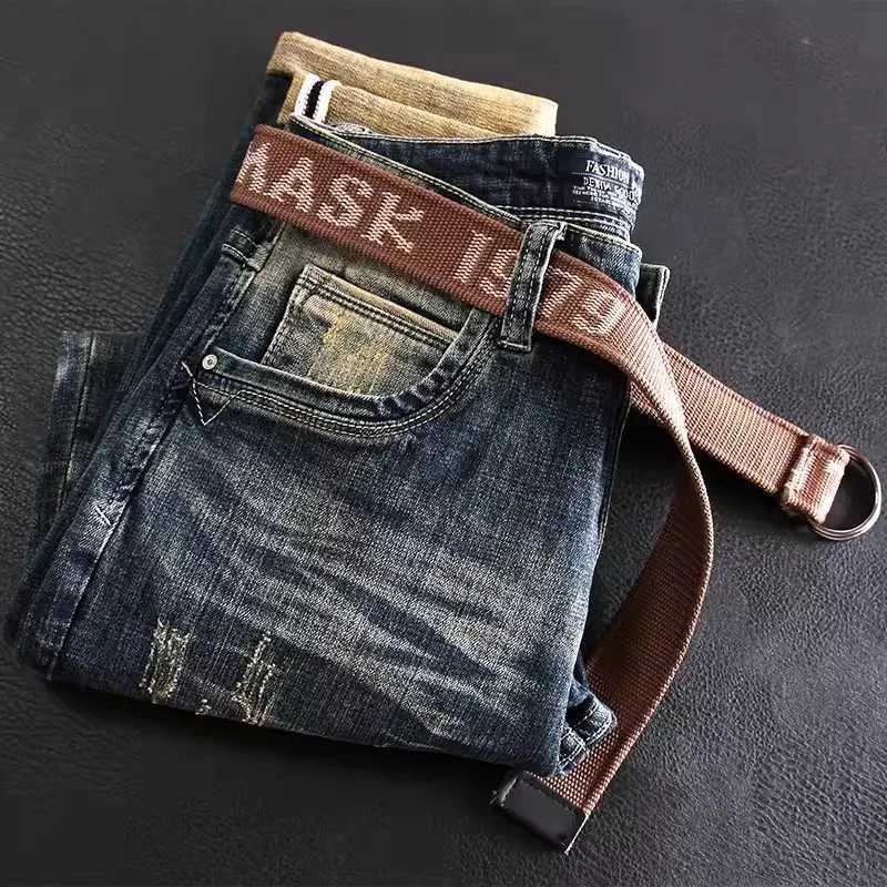 Fashion designer mens jeans retro washed blue stretch slim fit open top jeans mens classic fashion Trouser retro jeans W240907