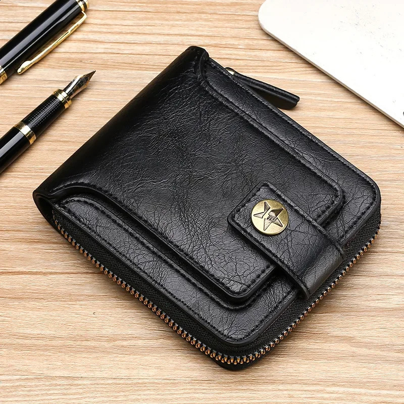 Retro Mini Mens Wallet Pu Leather Short Wallet Mens Buckle Zipper Clutch Solid Door Feuille Hommes Door Monnaie Homme ww 240914