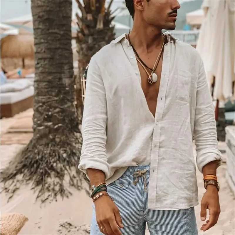 2024 Men Casual Cotton Linen ShirtsStanding Collar Male Solid Color Long Sleeves Loose Tops Spring Autumn Handsome Mens Shirts Y240909