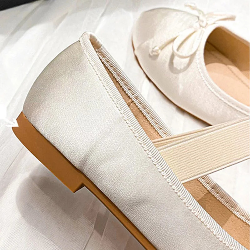 Woman Round Toe Cute Silk Satin Blue Casual Flats Female Bow Mary Jane Shoes Rubber Sole Straps Shoes Ballerina Flats 240903