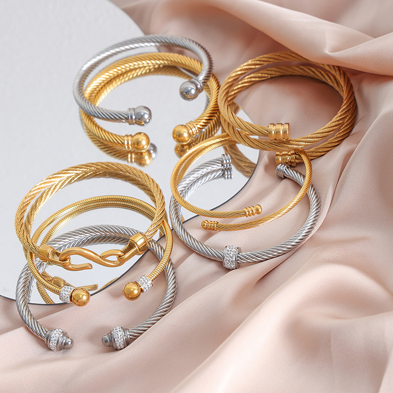 18k Gold Steel Wire Bangle Cuff Bracelet No Tarnish Designer Jewelry Cubic Zircon Diamond Stainless Steel Multilayer Wrap Stacking Wristband Rings for