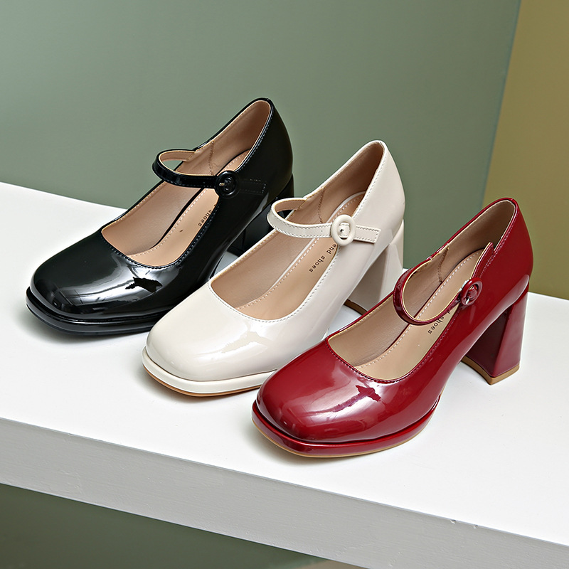 Dress shoes Classic Mid heeled boat shoe Designer shoe Belt Thick heel high heels Tassels Round head Metal Button women shoes Large size 34-41-42 us3-