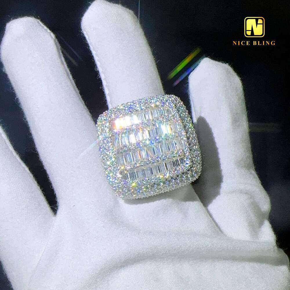 Iced out jewelry hip hop sier moissanite diamond men rings large square shape engagement ring