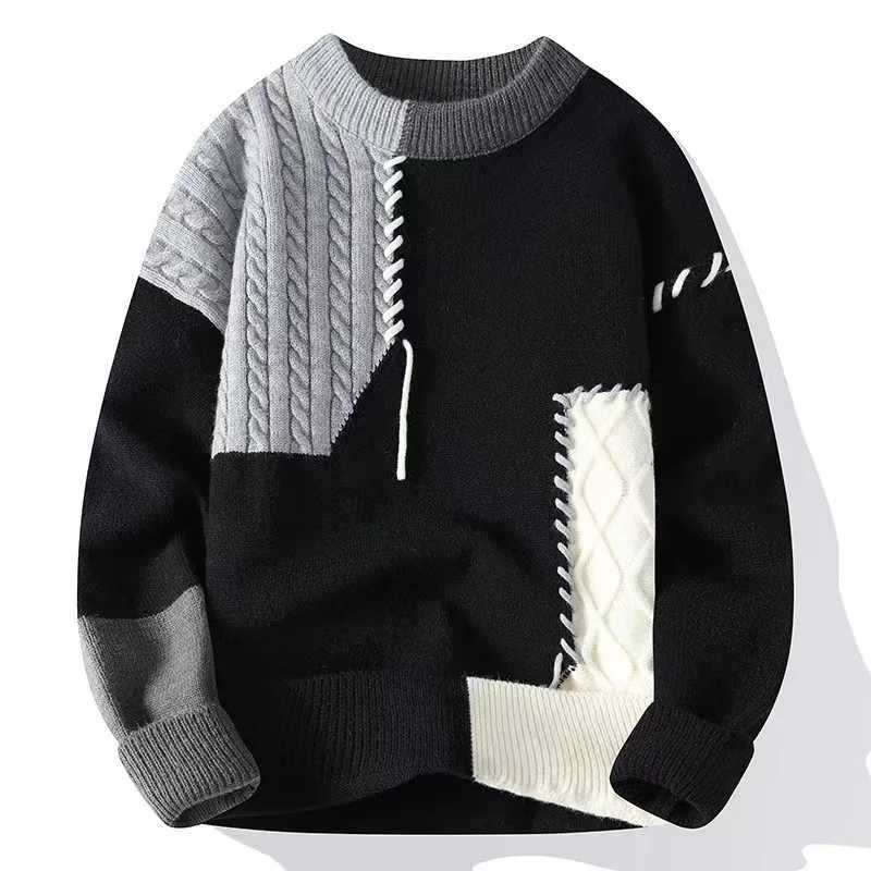 2024 Autumn Winter Warm Mens Sweater Fashion Turtle Neck Patch Work Zipper New Korean Street Clothing Zipper Casual Mens Clothing W240909
