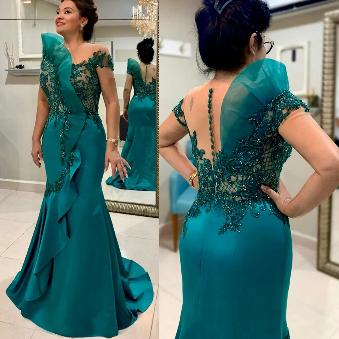 Elegant Mother Of The Bride Dresses Ruffles Short Sleeves Hunter Satin Mermaid Wedding Guest Dress Lace Appliques Beaded Long Formal Party Gown For Wo