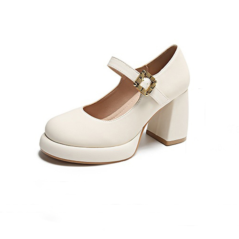 Dress shoes Classic Mid heeled boat shoe Designer shoe Belt buckle Thick heel high heels Tassels Round head Metal Button women shoes Large size 35-40-