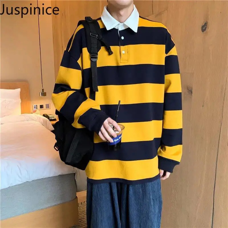 Spring Autumn Lapel Long Sleeve Striped POLO Shirts Fashion Mens Loose Casual High Street Personalized Shirt Male Clothes 240908