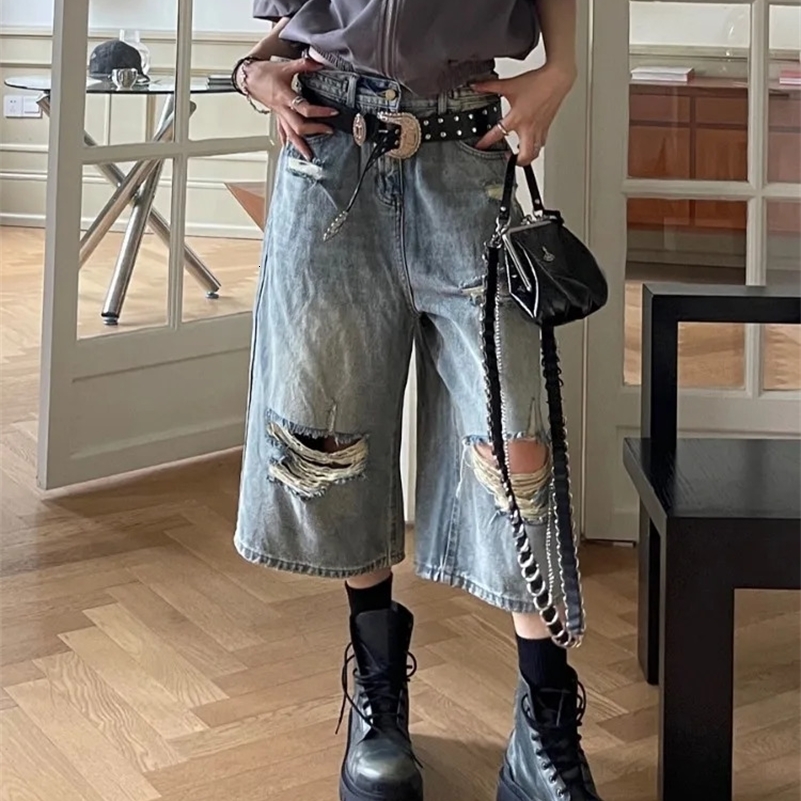 HOUZHOU Vintage Blue Ripped Short Jeans Women Oversized Distressed Jorts Y2k Grunge Baggy Boyfriend Denim Shorts Wide Streetwear 240821