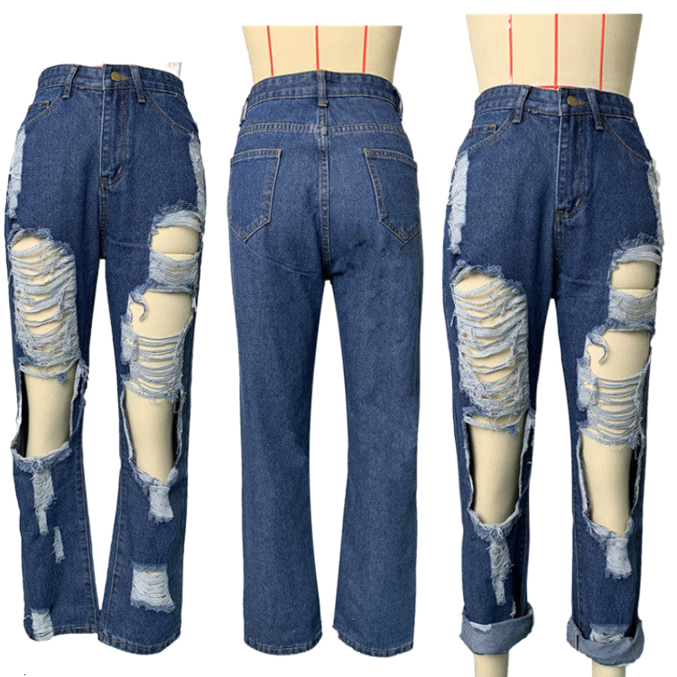 Wholesale Plus Size High Waisted Streetwear Custom Damaged Destroyed Woms Women'S Wide Leg Baggy Jeans For Women