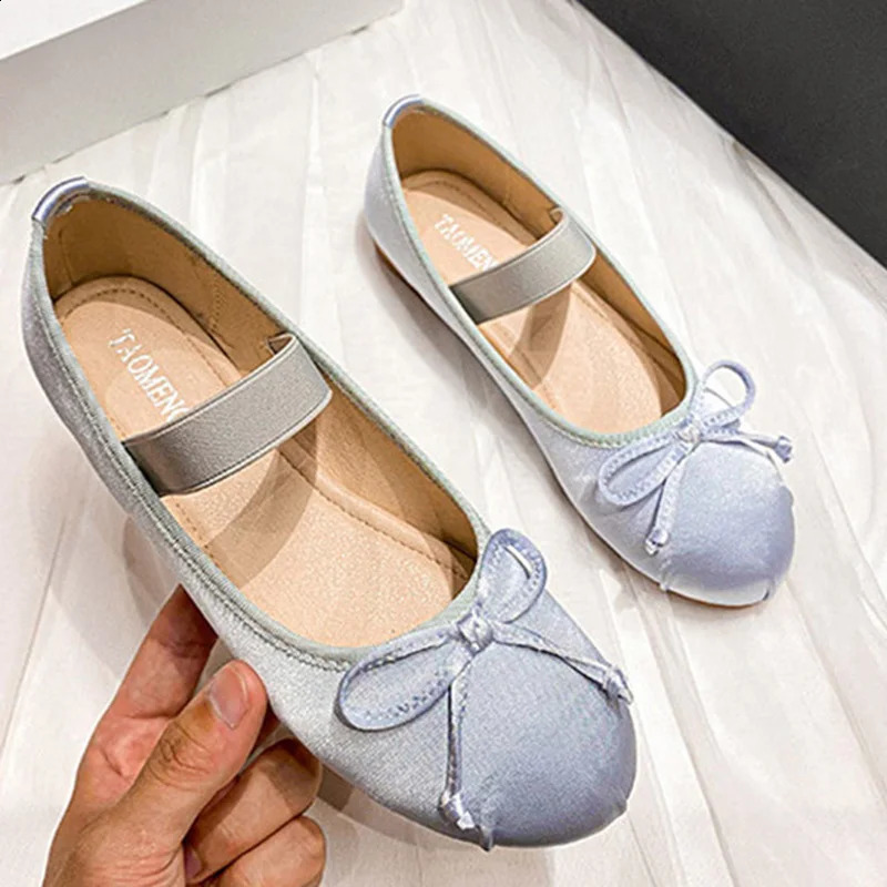 Woman Round Toe Cute Silk Satin Blue Casual Flats Female Bow Mary Jane Shoes Rubber Sole Straps Shoes Ballerina Flats 240903
