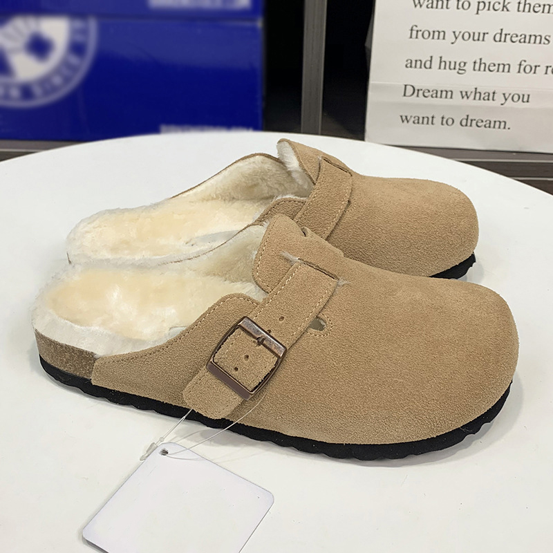 Fur Slides Designer Clog Slippers Winter Cork Sandal Flat Heel Genuine Leather Classic Buckle Women Men Furry Fuzzy Slides Home Outdoor Casual Shoes