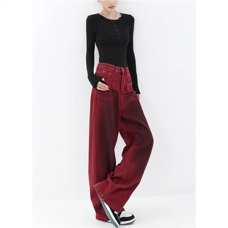 Fashion Vintage Red Straight Jeans Casual High Waist High Street Style Pants Korean Womens Wide Leg Baggy Y2K Denim Trouser 240821