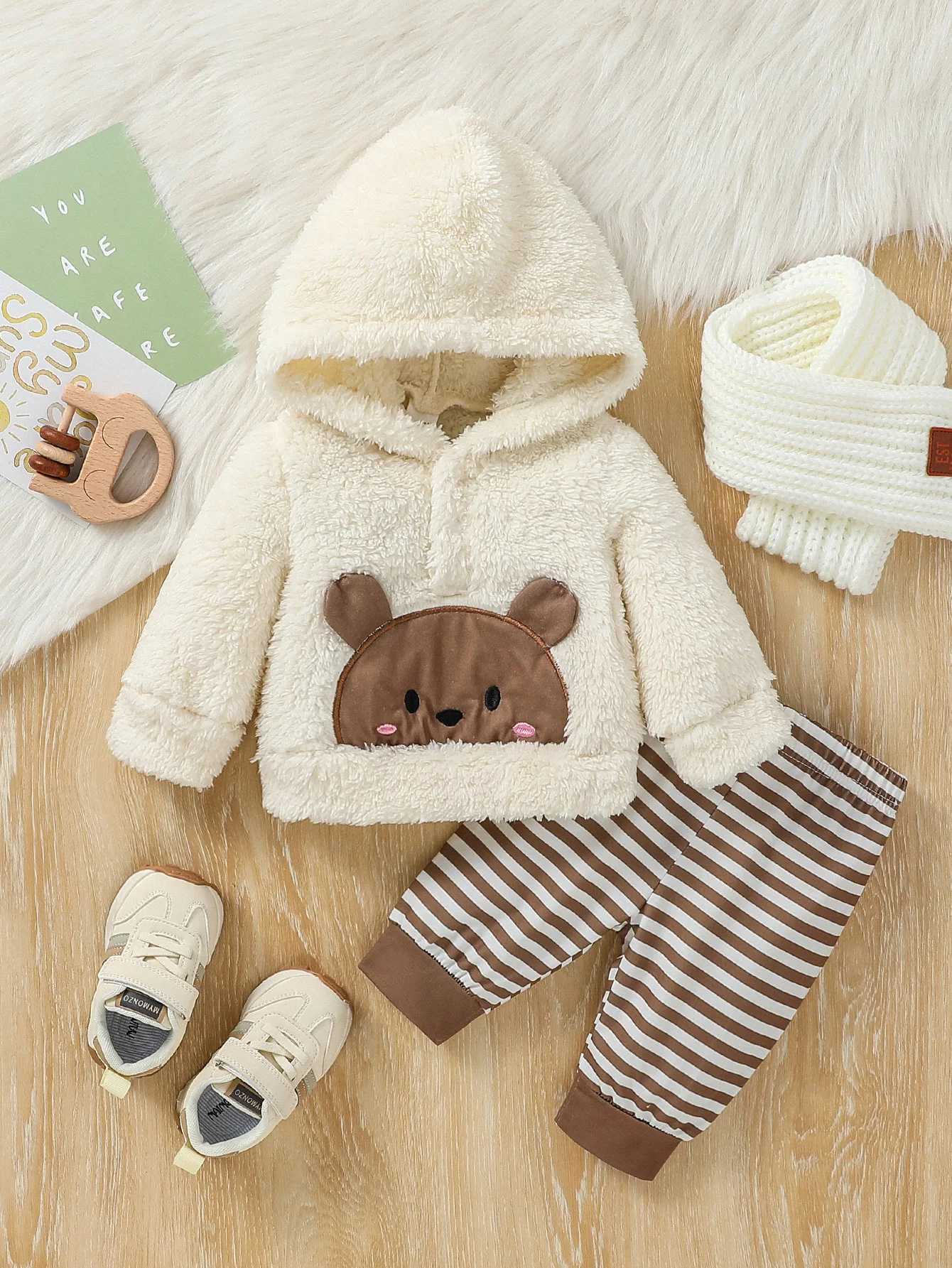Clothing Sets 2024 Baby boy cute and casual winter plush long-sleeved Hooded Coat +long Striped pants For Newborn-6M H241126