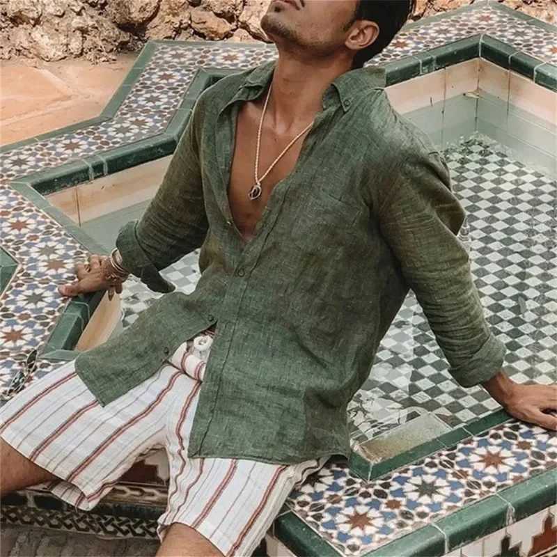 2024 Men Casual Cotton Linen ShirtsStanding Collar Male Solid Color Long Sleeves Loose Tops Spring Autumn Handsome Mens Shirts Y240909