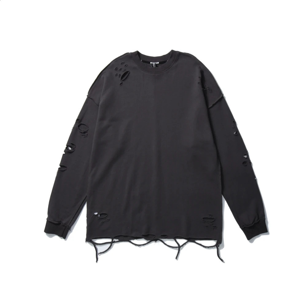Long sleeved ripped sweatshirt with shoulder drop Sloth Goth Streetwear Ripped Holes Pulleys mens spring Grunge clothing top 240905