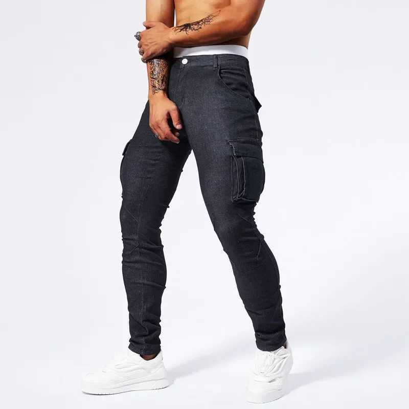 Slim Fit Large Pocket Jeans Cargo Pants for Men Fashionable Casual Hip Hop Stretch Denim Long Pants Male Streetwear Track Pants X250227