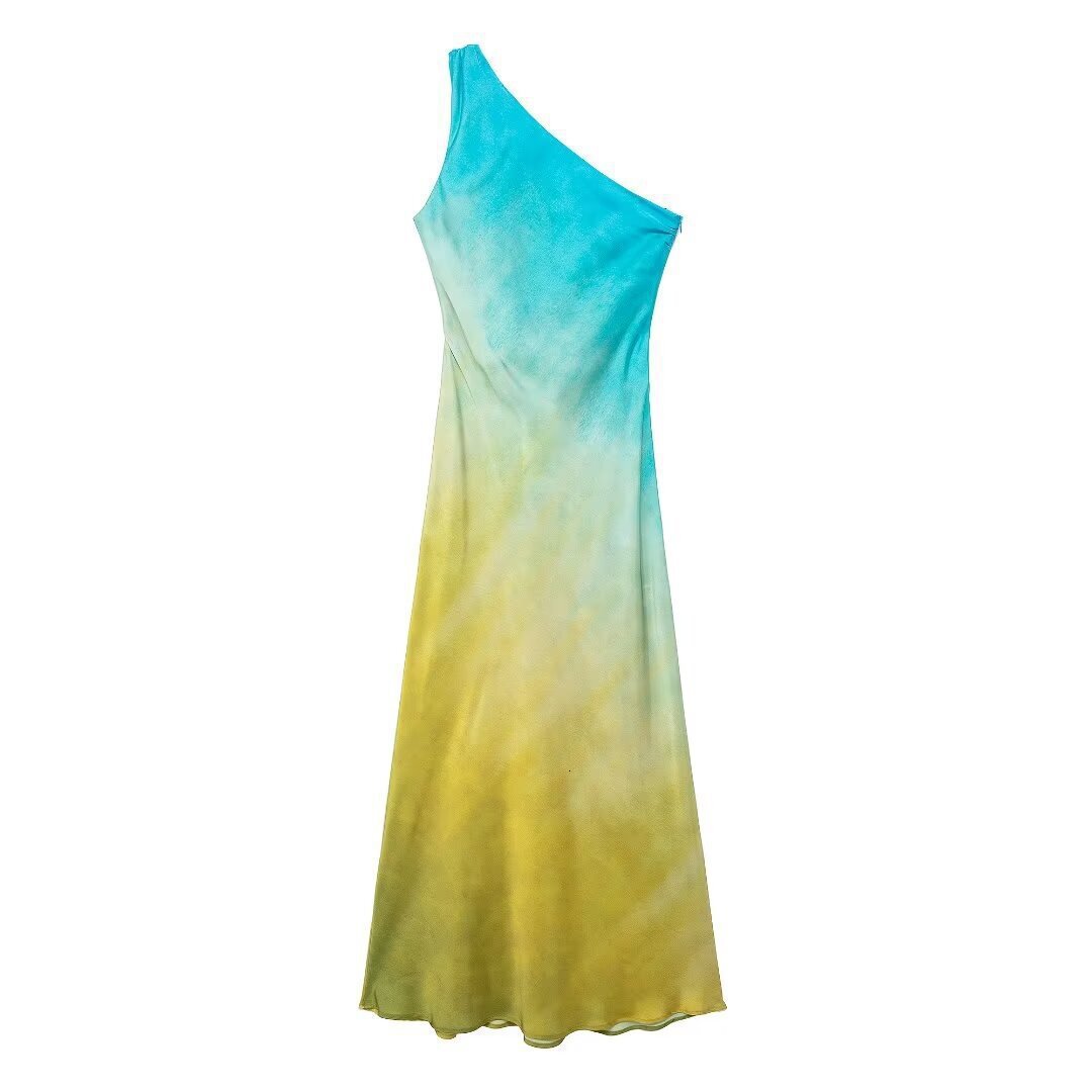 New Satin Sloping Shoulder Dress Tie Dye Gradient Summer Womens Asymmetric