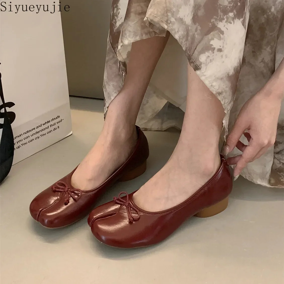 Split Toe Ballerina Shoes Mary Janes Leather Ballerines Femme Chaussure Fashion Bow Women Red Ballet Flats 240904