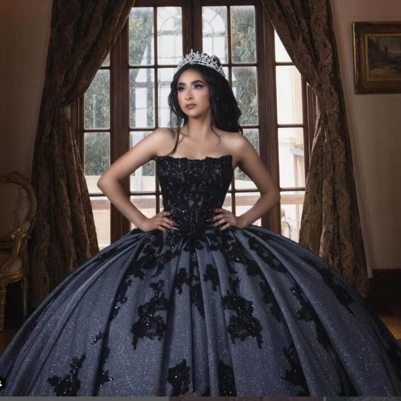 Sparkly Black Princess Quinceanera Dresses 2024 Strapless Gillter Applique Lace Tull Corset vestido de 15 anos Sweet 16 Dress