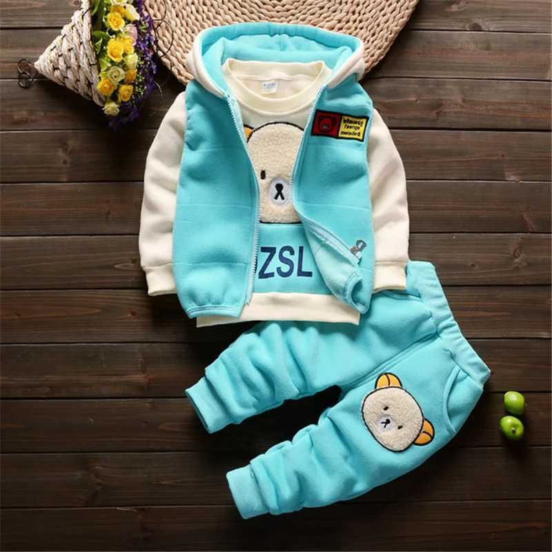 Clothing Sets 2023 Winter Baby Boy Clothes Sets Autumn Cotton Thick Warm Hooded Sweater Cartoon Cute Bear Three-Piece Baby Girl Suit 0-5Y H241126