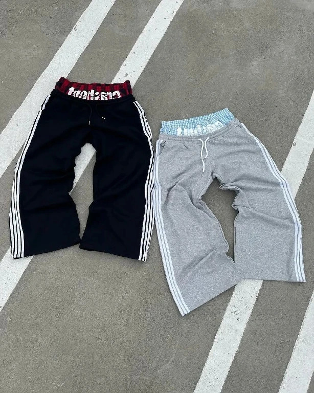 Sweatpants Y2K Womens Mens Retro Hip Hop Double Layer Stripe Embroidery Baggy Casual Pants Elastic Waist Jogging Pants 240905
