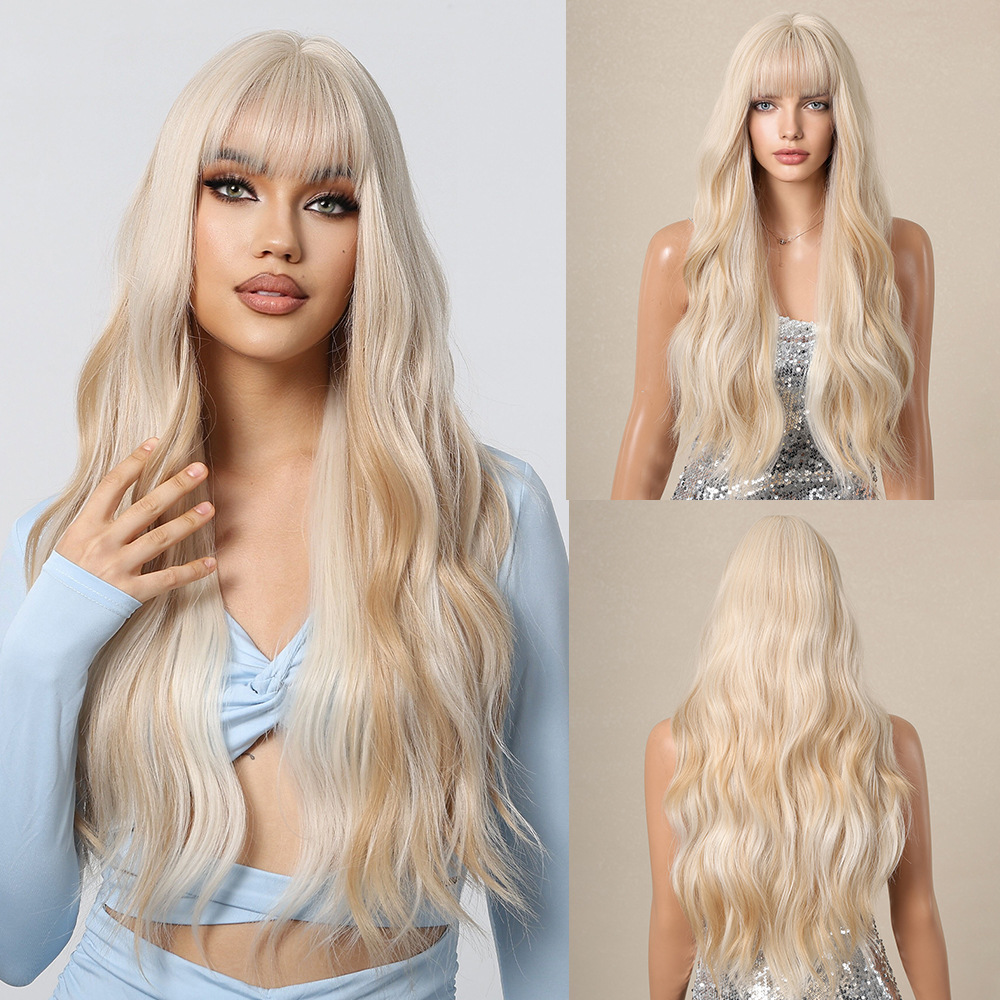 Synthetic Wigs Hair Wigs White gold Barbie wind big waves long curly hair shampooed face wig full head cover high temperature silk
