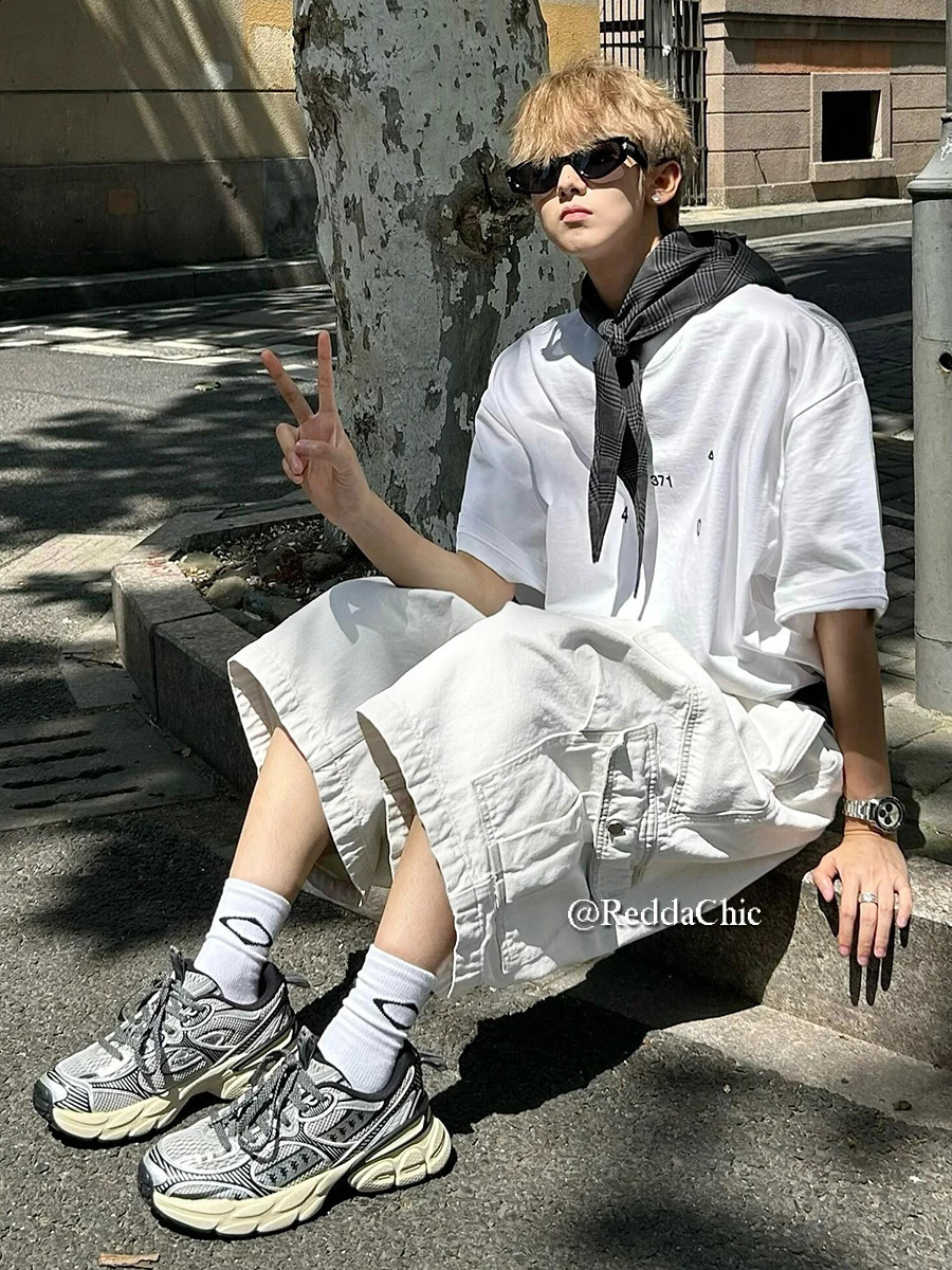 REDDACHiC Men Adjustable Low Waist White Baggy Jorts Plain Pintuck Cargo Pockets Casual Wide Denim Shorts Pants Summer Trousers 240906