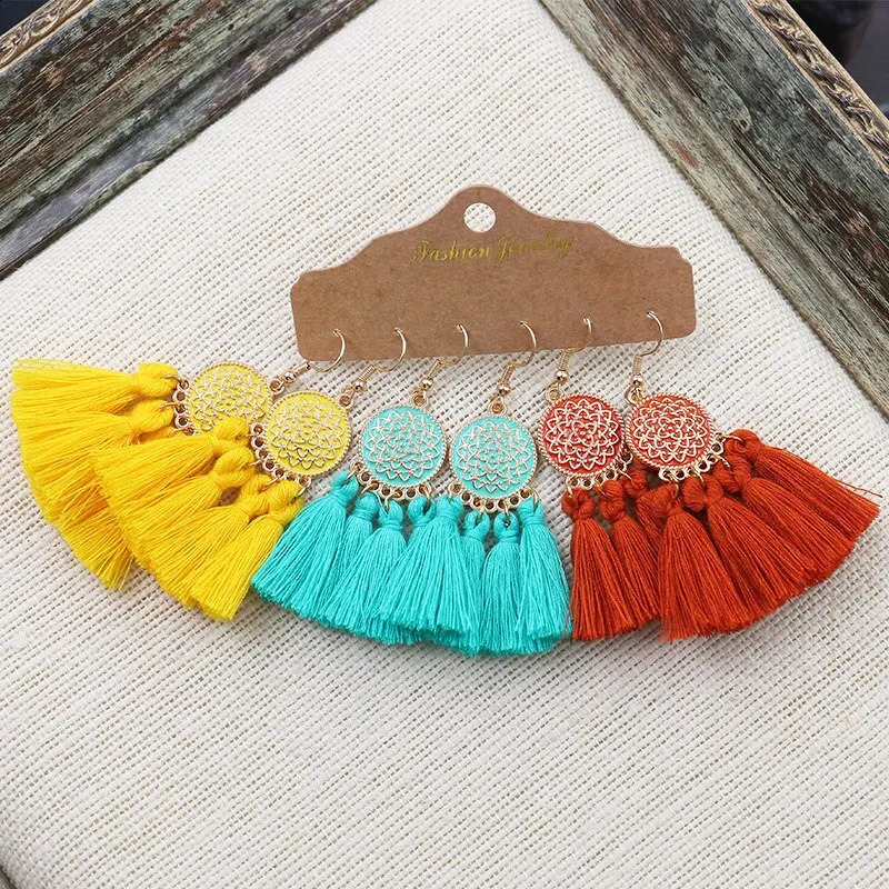 Women Bohemian Colored Tassel Dangling Earrings For Girl Pagoda Fan Eardrop Female Net Flowe Fashion Jewelry y240906