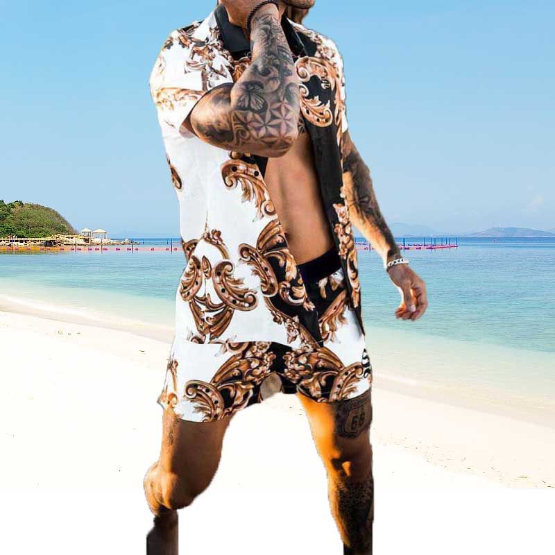 Mens Tracksuits Fashion Print Sets Short Sleeve Shirt+Shorts 2Pcs Suit Loose 2024 Summer Casual Beachwear Male Vacation Hawaiian Outfits