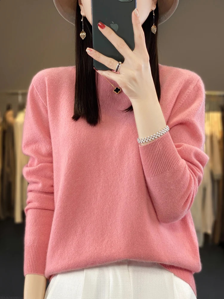 Autumn and Winter Womens Floral Style 100% Merino Wool Sweater Cashmere Top Basic O-neck Long sleeved Knitted 240909