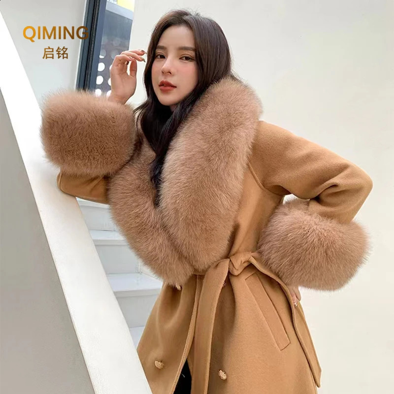 Winter real fox fur collar womens large fur scarf set fluffy fur shawl fur cuff set fur wrapped scarf jacket 240909