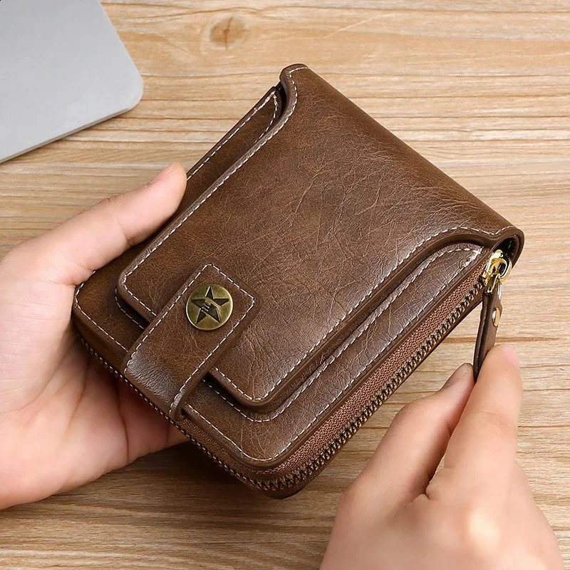 Retro Mini Mens Wallet Pu Leather Short Wallet Mens Buckle Zipper Clutch Solid Door Feuille Hommes Door Monnaie Homme ww 240914