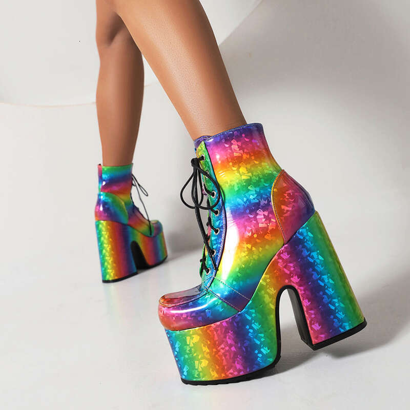 Rainbow Glossy Patent Leather Platform Fashion Short Square Toe Super Chunky Heel Punk Style Bat Print Women Boots