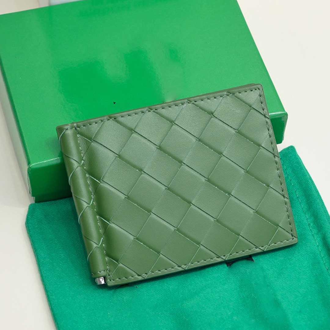 Green designer wallet men women credit card wallet top quality genuine leather Dollar clip wove money clip business card holder with green box