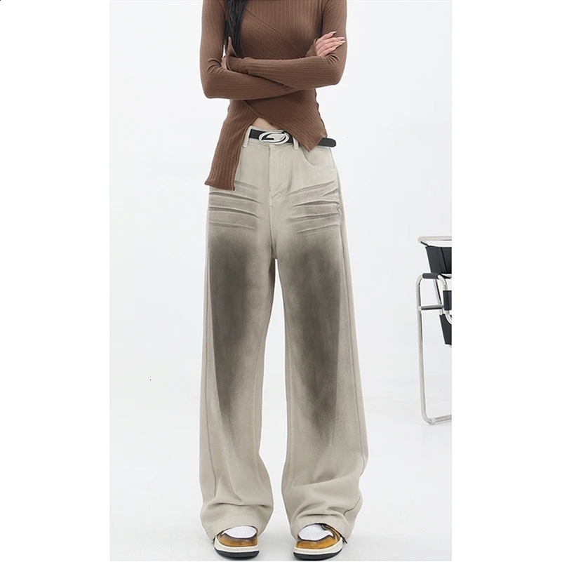Fashion Vintage Red Straight Jeans Casual High Waist High Street Style Pants Korean Womens Wide Leg Baggy Y2K Denim Trouser 240821
