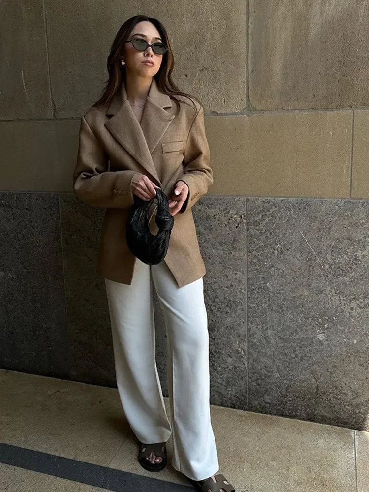 Womens Brown Lapel Solid Blazer Coat Female Commute Long Sleeves Pocket Loose Jacket Casual Lady Irregular Outerwear 240904 B4