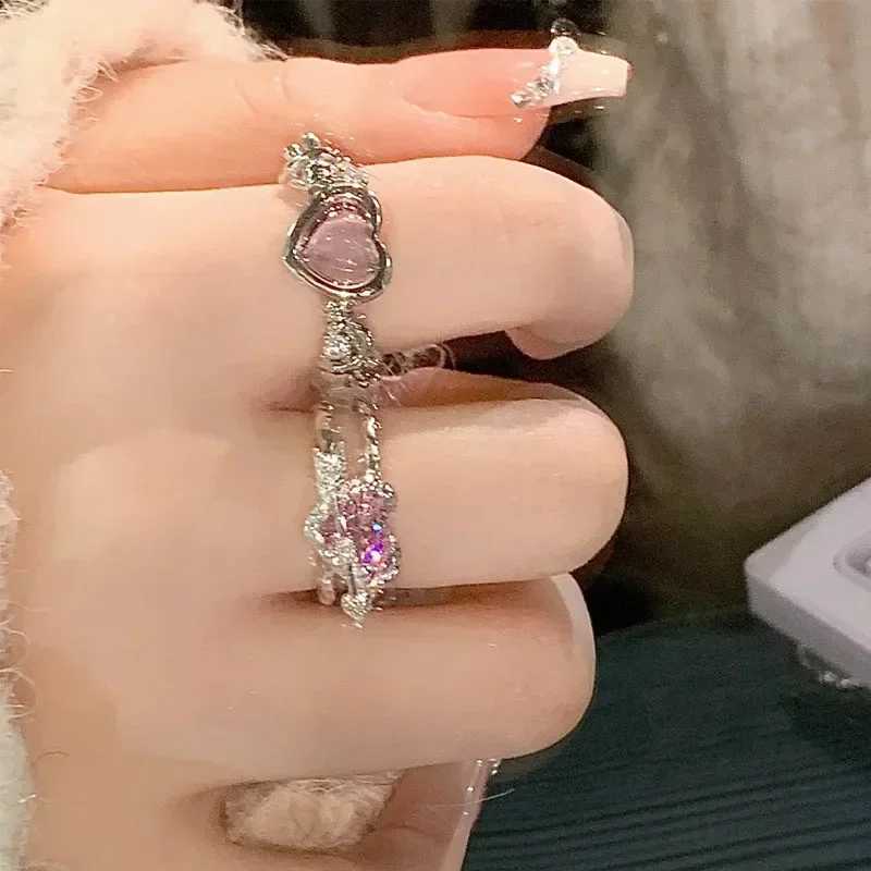 Adjustable Crystal Ring Y2K Pink Irregular Geometry Retro Bow Heart Ring Set 2023 New Fashion Jewelry GiftXJ250412