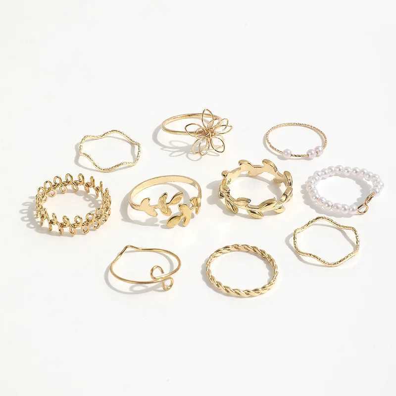 Bohemian style hollow flower wreath simple and smooth vines imitating pearl rings 10 piece setXJ250412
