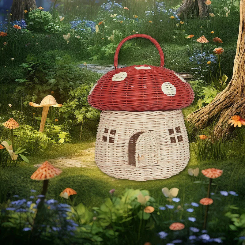 Rattan woven mushroom basket Bohemian portable straw storage box Outdoor vacation picnic basket Childrens toys Sunshine organizer 240903
