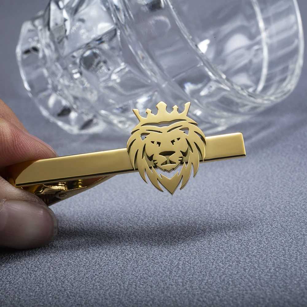Tangula Punk Crown Lion Tie Clip Stainless Steel Mens Animal Hip Hop Party Accessories Necklace Clip Groom Wedding Jewelry W240907