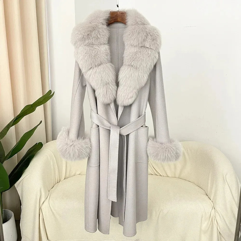 2024 Wool Coat Womens Wool Natural Fox Fur Collar True Fur Coat Winter Jacket Womens Belt Warm Coat 240909