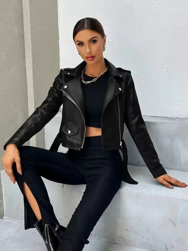 Womens black leather jacket spring and autumn collar short motorcycle womens ultrathin long sleeved street clothing artificial 240906