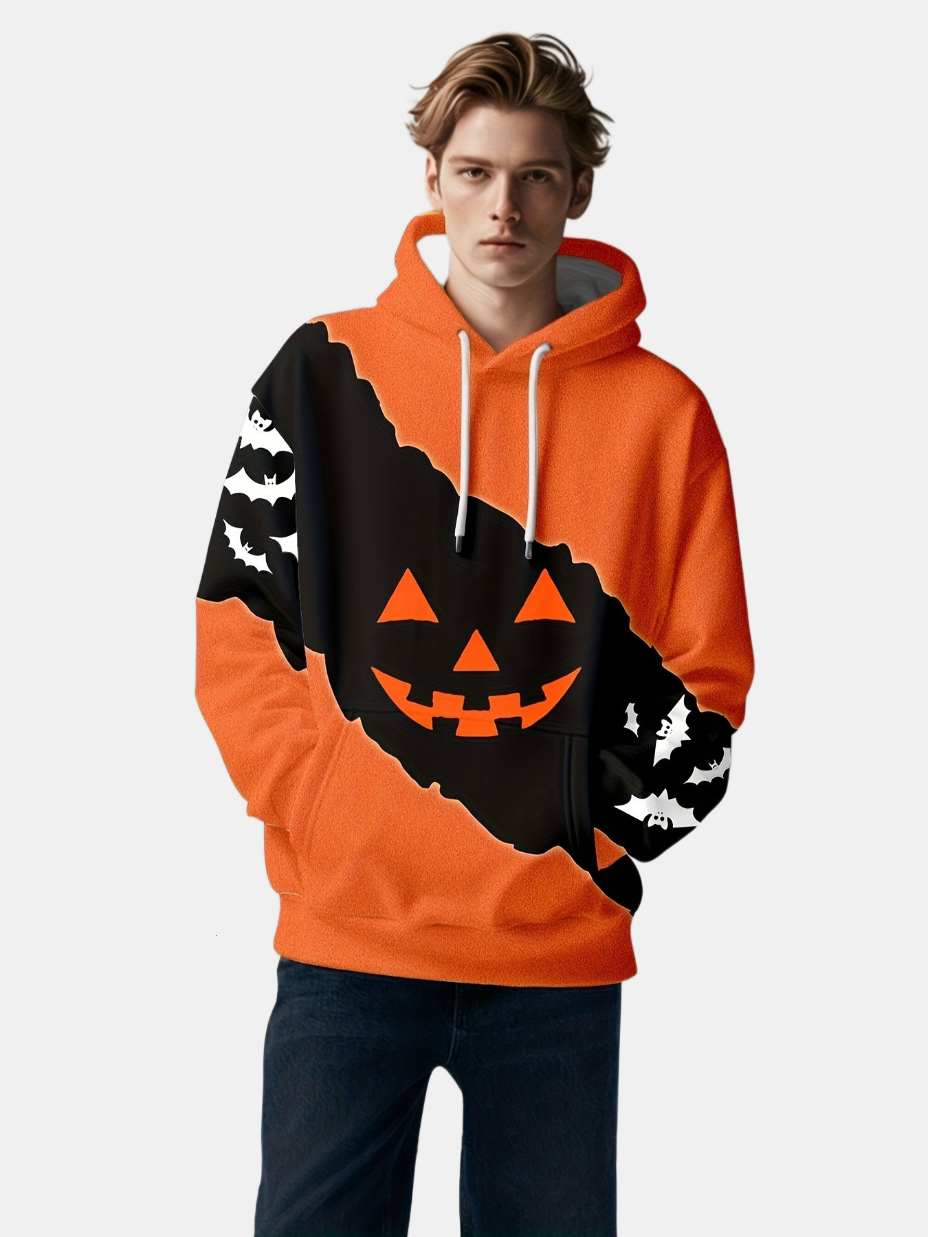 Halloween Pumpkin Bat Gradient Print Hoodie - Casual Polyester Pullover with Kangaroo Pocket, Perfect for Parties Gifts